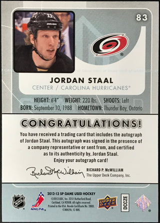 Jordan Staal Autographed 2012-13 Upper Deck SP Game Used Card