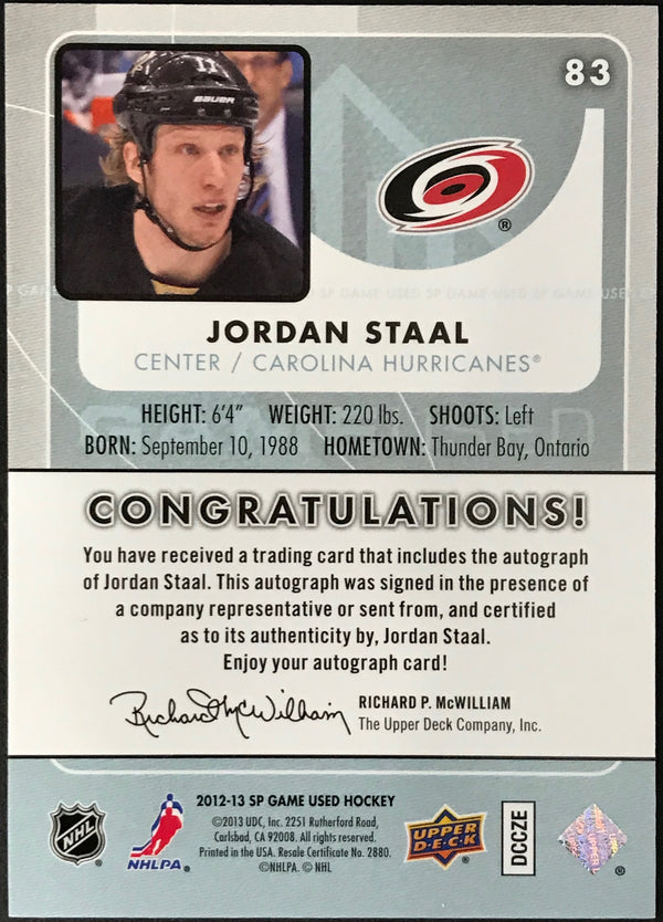 Jordan Staal Autographed 2012-13 Upper Deck SP Game Used Card