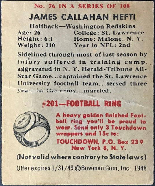 Jame Callahan Hefti 1948 Bowman Football Card No 76