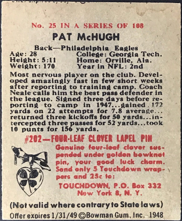 Pat McHugh 1948 Bowman Football Card No 25