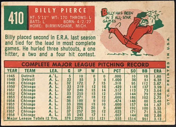 Billy Pierce Autographed 1958 Topps Card #410