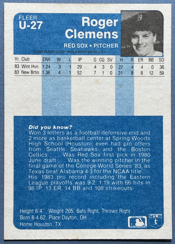 Roger Clemens 1984 Fleer Update Rookie Card #U-27