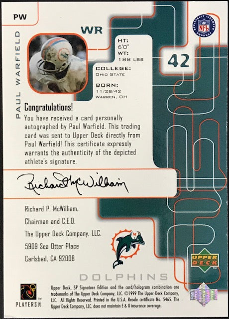Paul Warfield Autographed 1999 Upper Deck SP Signature Card