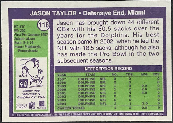 Jason Taylor Autographed 2005 Topps Heritage Card