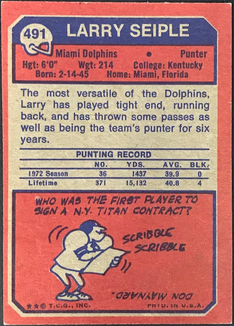 Larry Seiple Autographed 1973 Topps Football Card