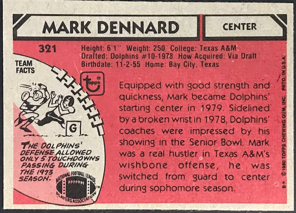 Mark Dennard Autographed 1980 Topps Football Card