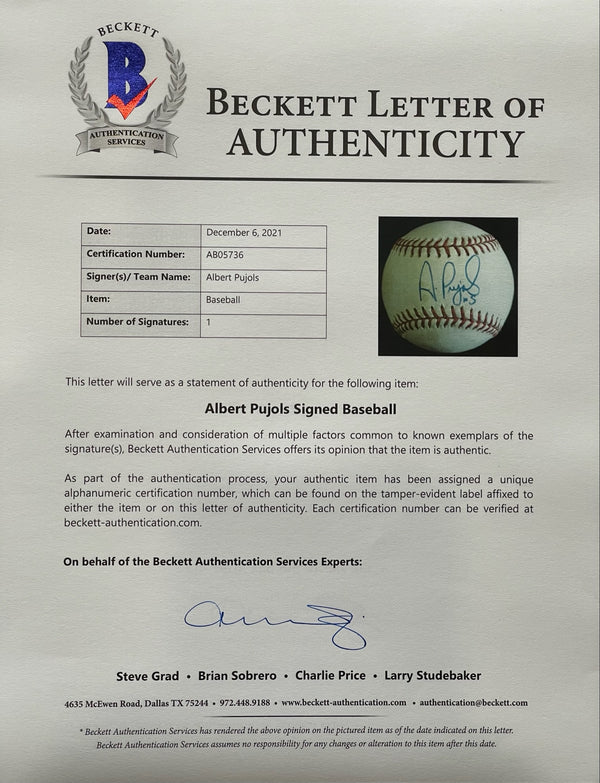 Albert Pujols Authentic Signed Rawlings Baseball Autographed JSA Letter.
