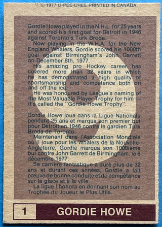 Gordie Howe Unsigned 1977-78 O-Pee-Chee Card #1