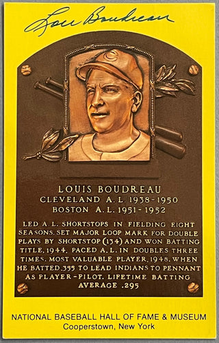 Lou Boudreau Autographed Baseball Hall of Fame Plaque Postcard