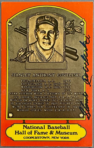 Stanley Coveleski Autographed Baseball Red Hall of Fame Plaque Postcard