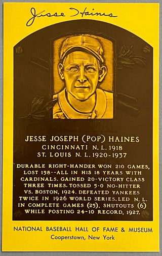 Jesse Haines Autographed Baseball Hall of Fame Plaque Postcard