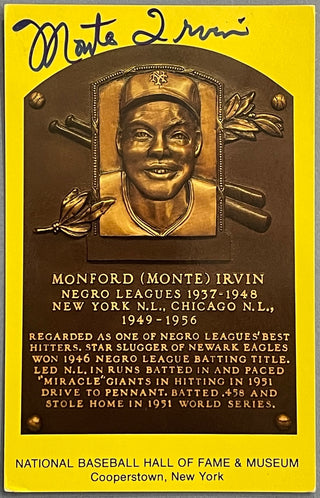 Monte Irvin Autographed Baseball Hall of Fame Plaque Postcard