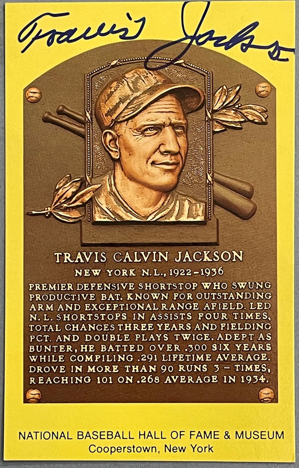 Travis Jackson Autographed Baseball Hall of Fame Plaque Postcard