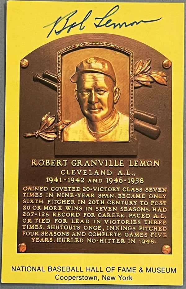 Bob Lemon Autographed Baseball Hall of Fame Plaque Postcard