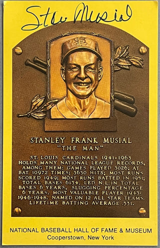 Stan Musial Autographed Baseball Hall of Fame Plaque Postcard