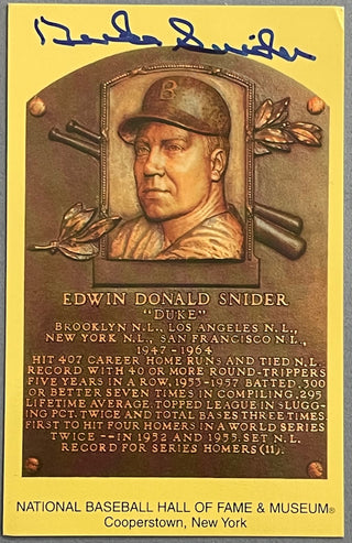 Duke Snider Autographed Hall of Fame Plaque Postcard