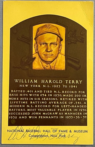 WH Bill Terry Autographed Hall of Fame Plaque Postcard