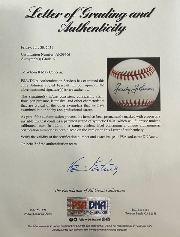 Judy Johnson Autographed Official American League Baseball (PSA)