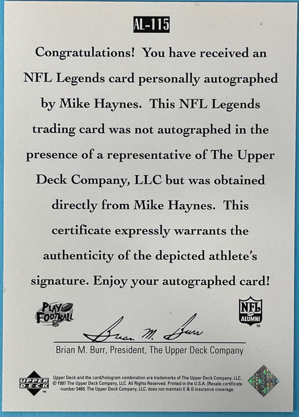 Mike Haynes Autographed Autographed Upper Deck Card