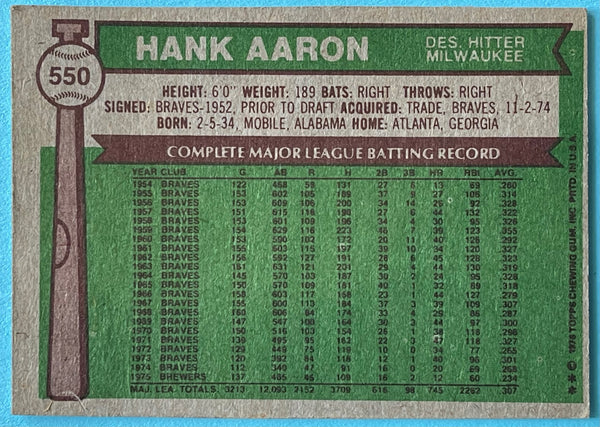 Hank Aaron 1976 Topps Card #550
