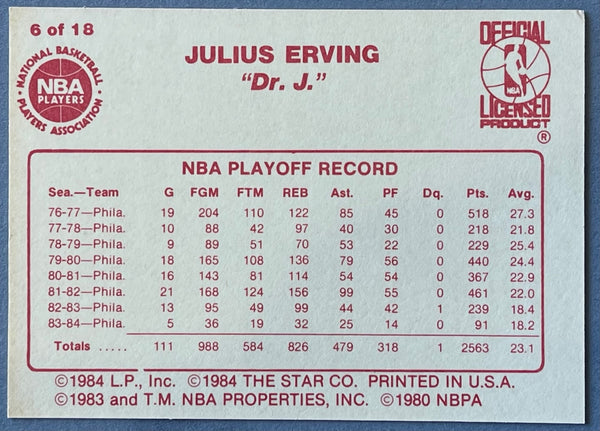 1984 Star Julius Erving #6 Julius Erving NBA Playoff Stats Card