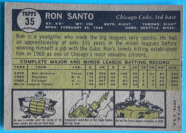 1961 Topps 35 Ron Santo Rookie HOF Cubs Nice Card Vintage 