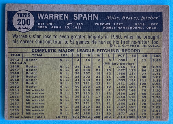 Warren Spahn 1961 Topps Baseball Card #200