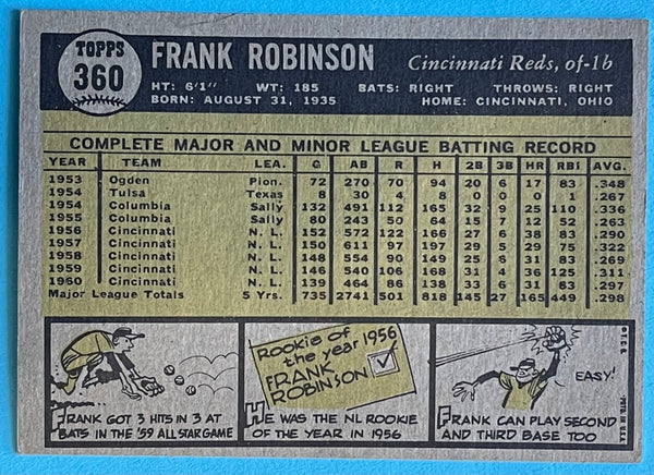 1961 Topps #360 Frank Robinson Cincinnati Reds Baseball Card