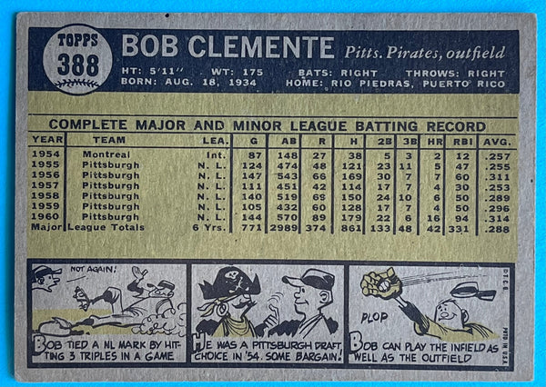 Bob Clemente 1961 Topps Baseball Card #388