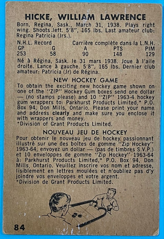 William Hicke 1963-64 Parkhurst Hockey Card # 84