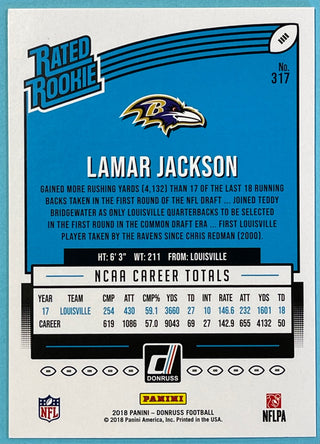 Lamar Jackson 2018 Panini Donruss Rated Rookie Football Card #317