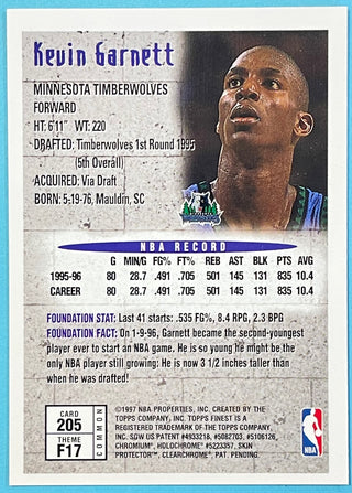 Kevin Garnett 1997-98 Topps Finest Foundations Card With Coating #205