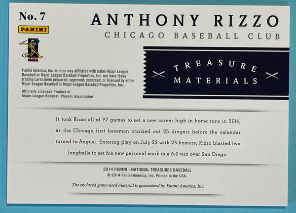 Anthony Rizzo 2014 Panini National Treasures Game Worn Jersey Card 65/99