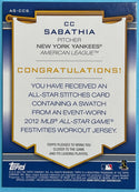 CC Sabathia 2012 Topps All Star Game WorkOut Jersey Card