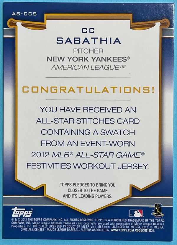 CC Sabathia 2012 Topps All Star Game WorkOut Jersey Card