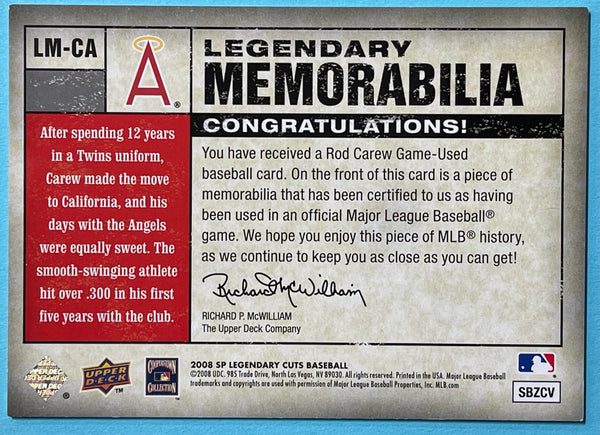 Rod Carew 2008 Upper Deck SP Legendary Cuts Game Used Jersey Card 68/99