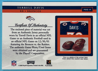 Terrell Davis 2002 Playoff Piece of the Game Game Used Jersey Card POG-49