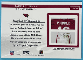 Jake Plummer 2002 Playoff Piece of the Game Game Used Jersey Card POG-24