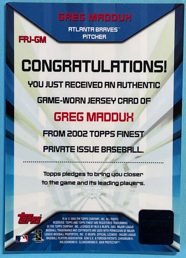 Greg Maddux 2002 Topps Finest Game-Worn Jersey Card FRJ-GM