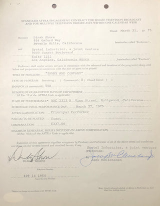 Dinah Shore Autographed Contract (JSA)