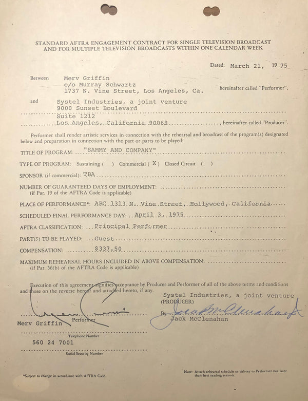 Merv Griffin Autographed Contract (JSA)
