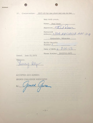 Paul Dean Autographed Contract (JSA)