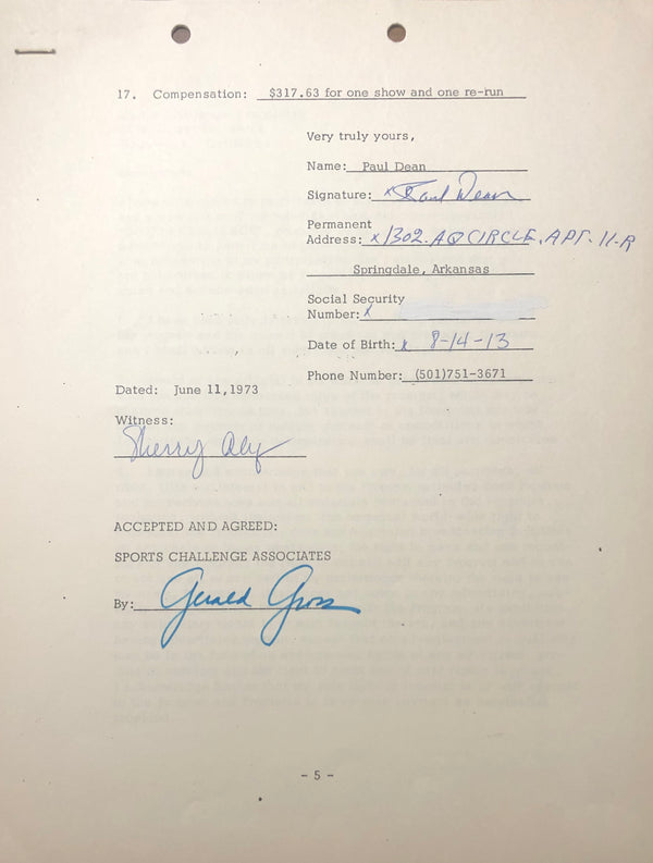 Paul Dean Autographed Contract (JSA)
