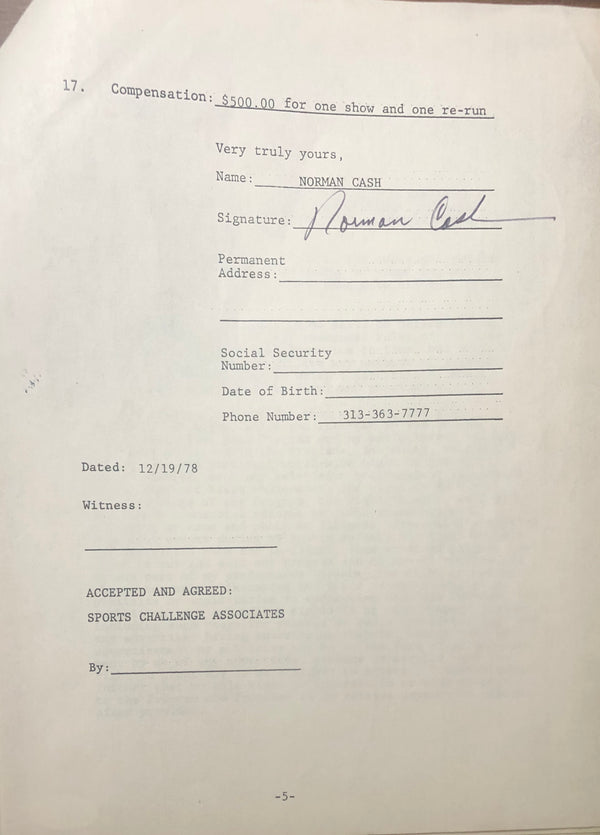 Norm Cash Autographed Contract (JSA)