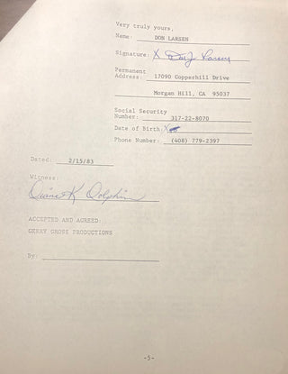 Don Larsen Autographed Contract (JSA)