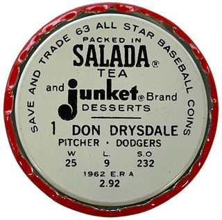 1962 Salada Junket Tea Baseball Coin #1 Don Drysdale Los Angeles Dodgers