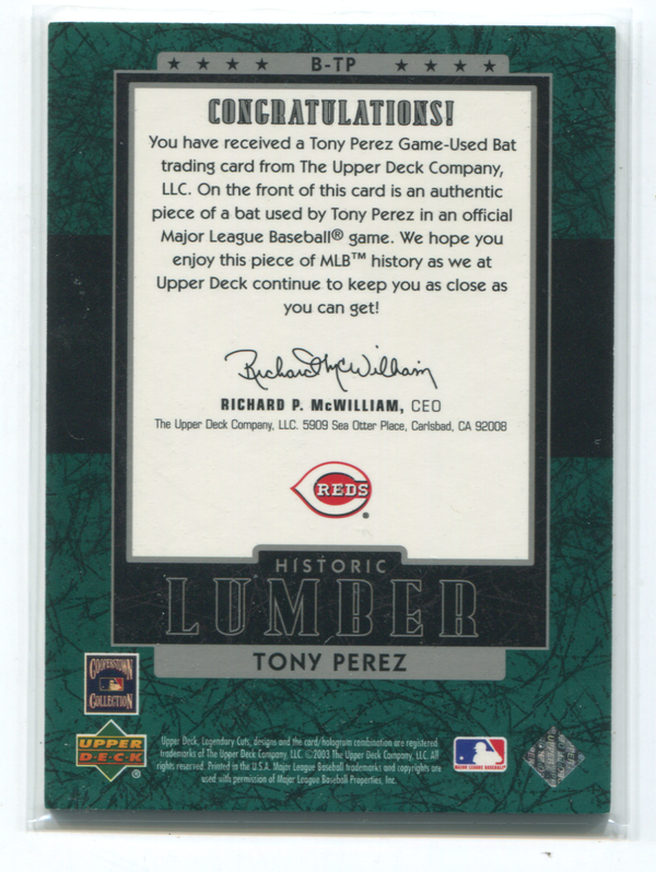 2003 Upper Deck SP Legendary Cuts #B-TP Tony Perez Bat Card 095/125