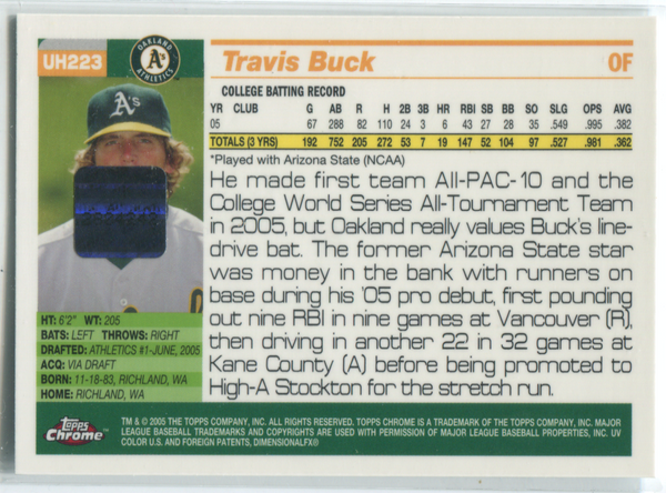 2005 Topps Chrome First Year #UH223 Travis Buck Autographed Card