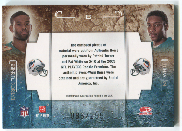 2009 Panini Studio Rookies #8 Patrick Turner/ Pat White Jersey Card 086/299