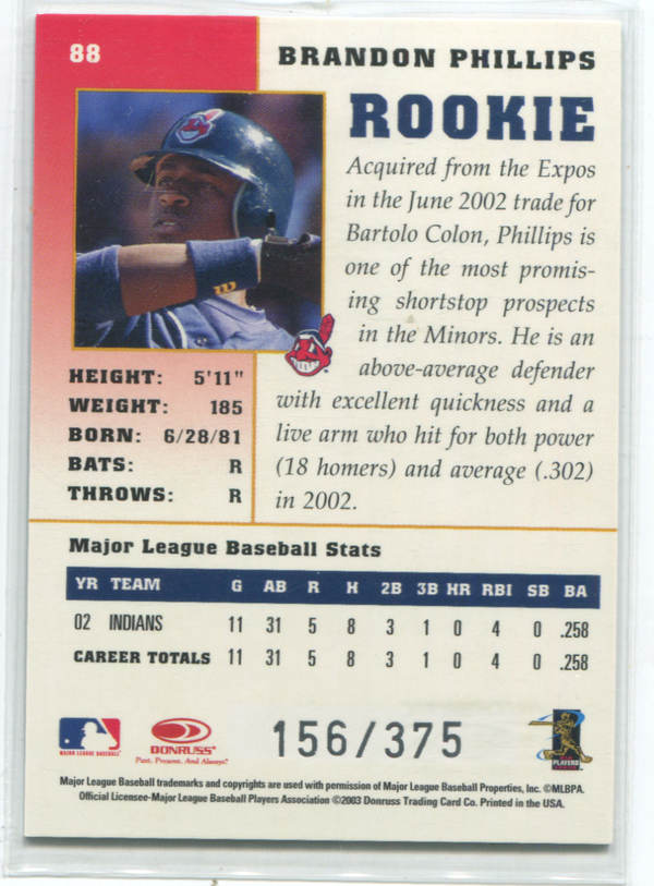2003 Donruss Champions #88 Brandon Philips Autographed Card